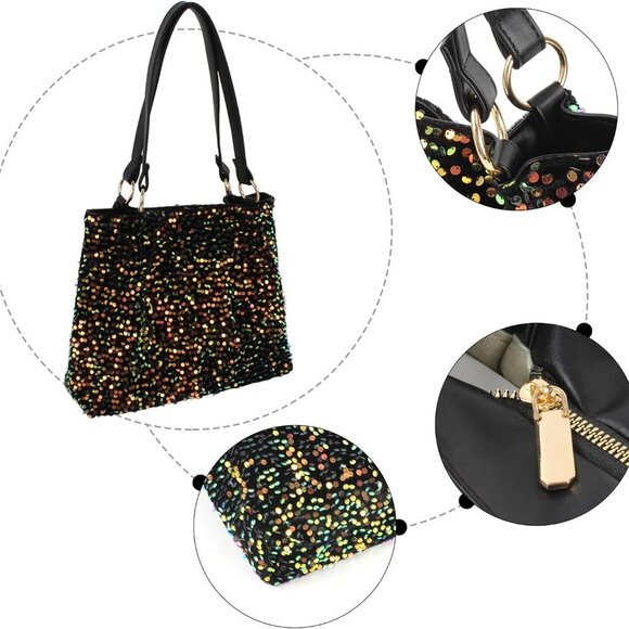 Women's Glitter Sequins Shoulder Tote Big Capacity Shimmer Shopping Bag Sparklin - Picture 5 of 8